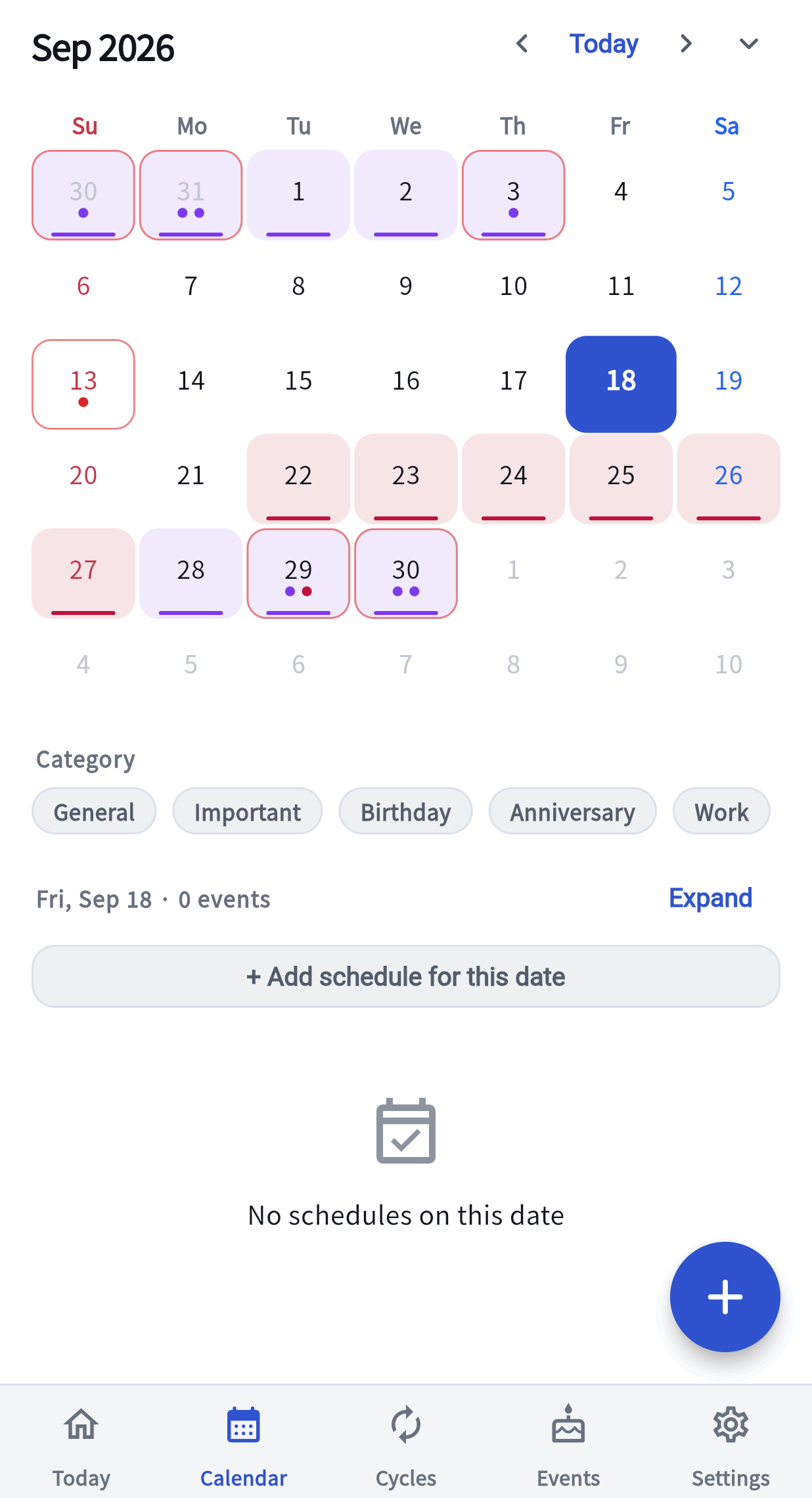 The Calendar tab: a month grid where several days carry small coloured dots and today is filled in, a row of category filter pills beneath it, and the selected day's schedule list under that.