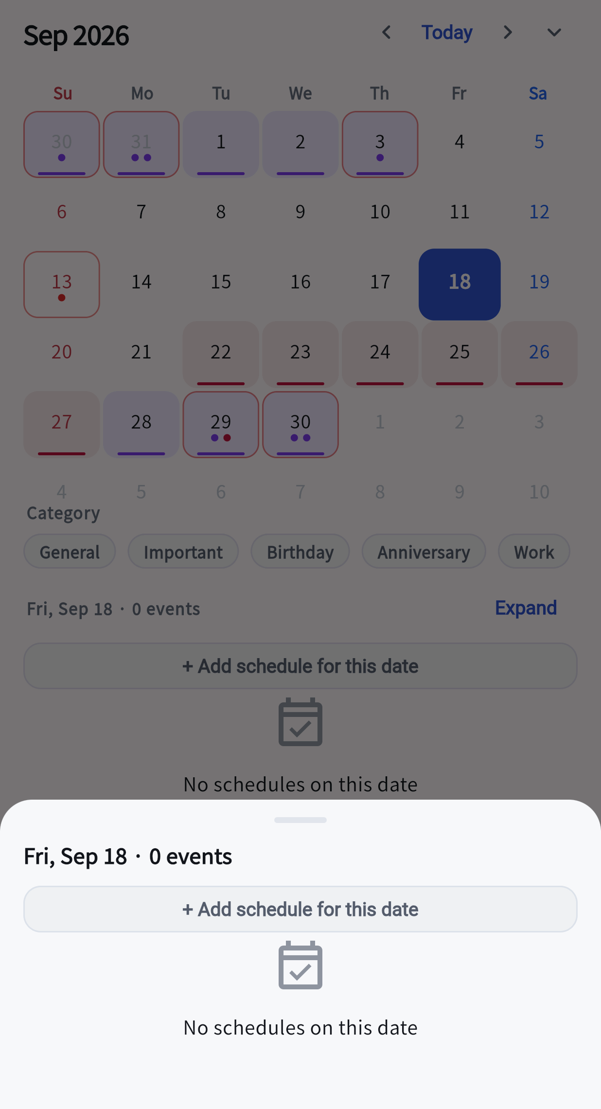 The calendar with a day selected: a sheet under the grid lists that day's schedules with tick boxes, above a plus Add schedule for this date button.