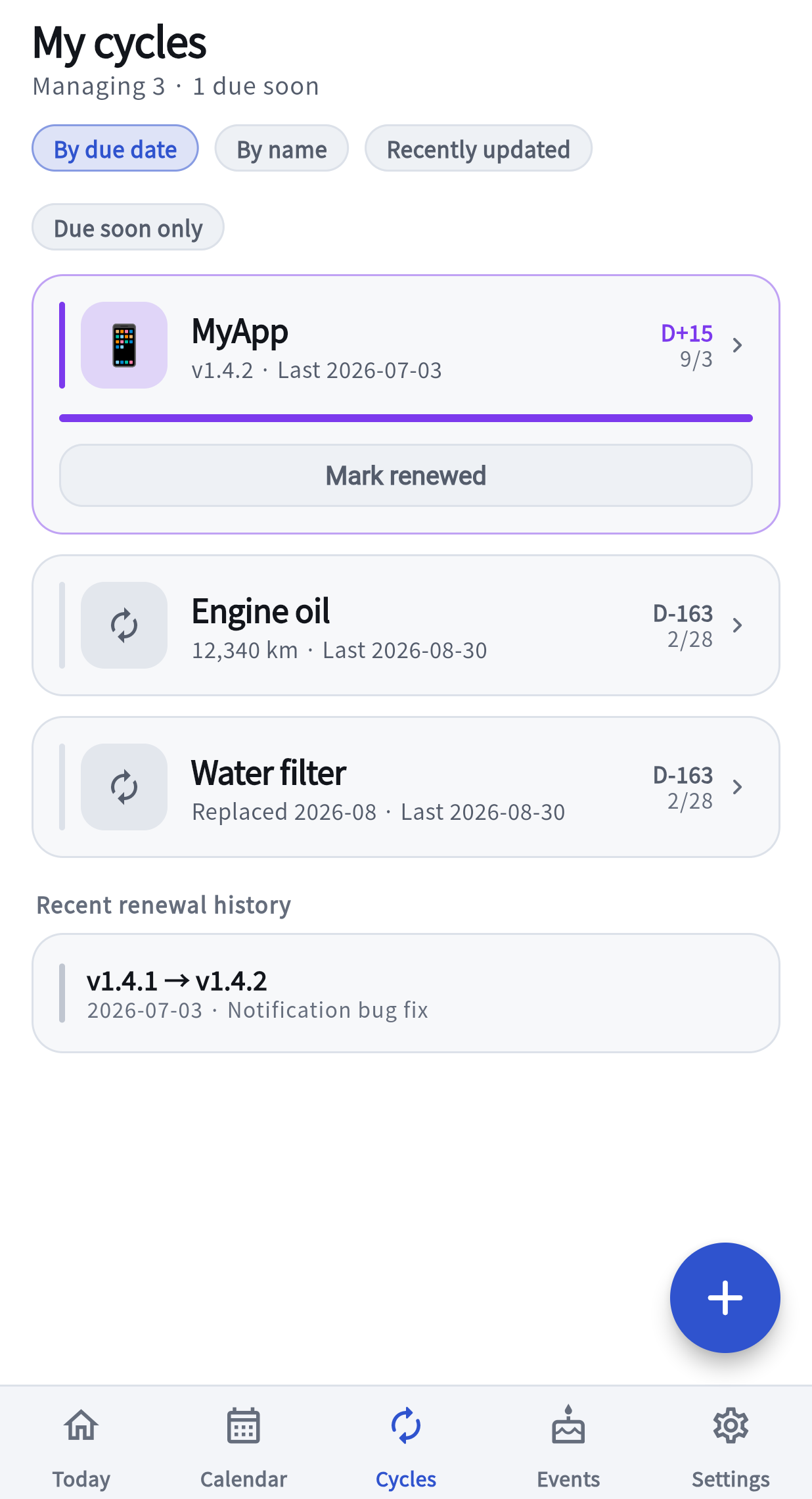 The Cycles tab: tracked items listed one per line with their next due date, under a header counting how many are being managed and how many are due soon.