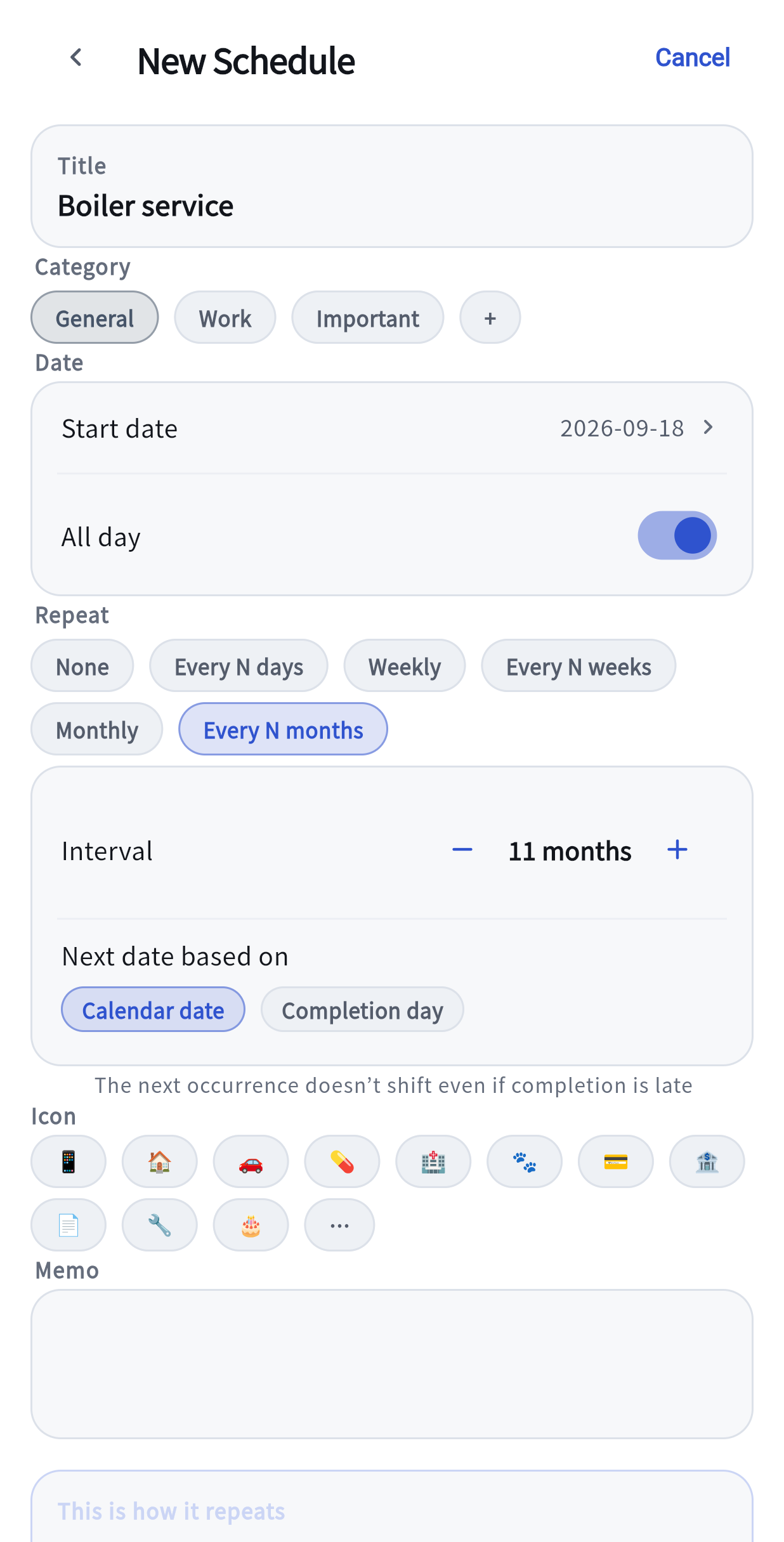 Adding a cycle item: the schedule editor opened as a Cycle. A title field, the General / Work / Important pills with a + at the end, the start date and All day rows.