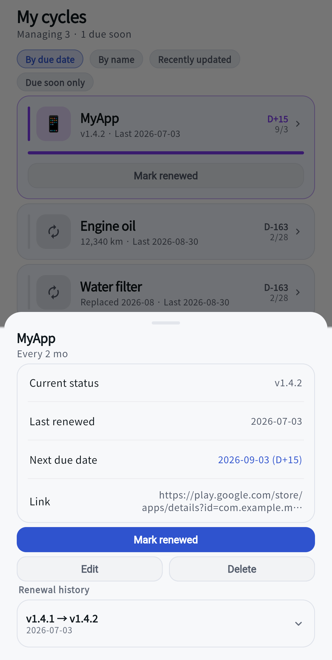 A cycle item opened: its current status and next due date at the top, a Mark renewed button, and the renewal history listed underneath as previous status arrow new status.