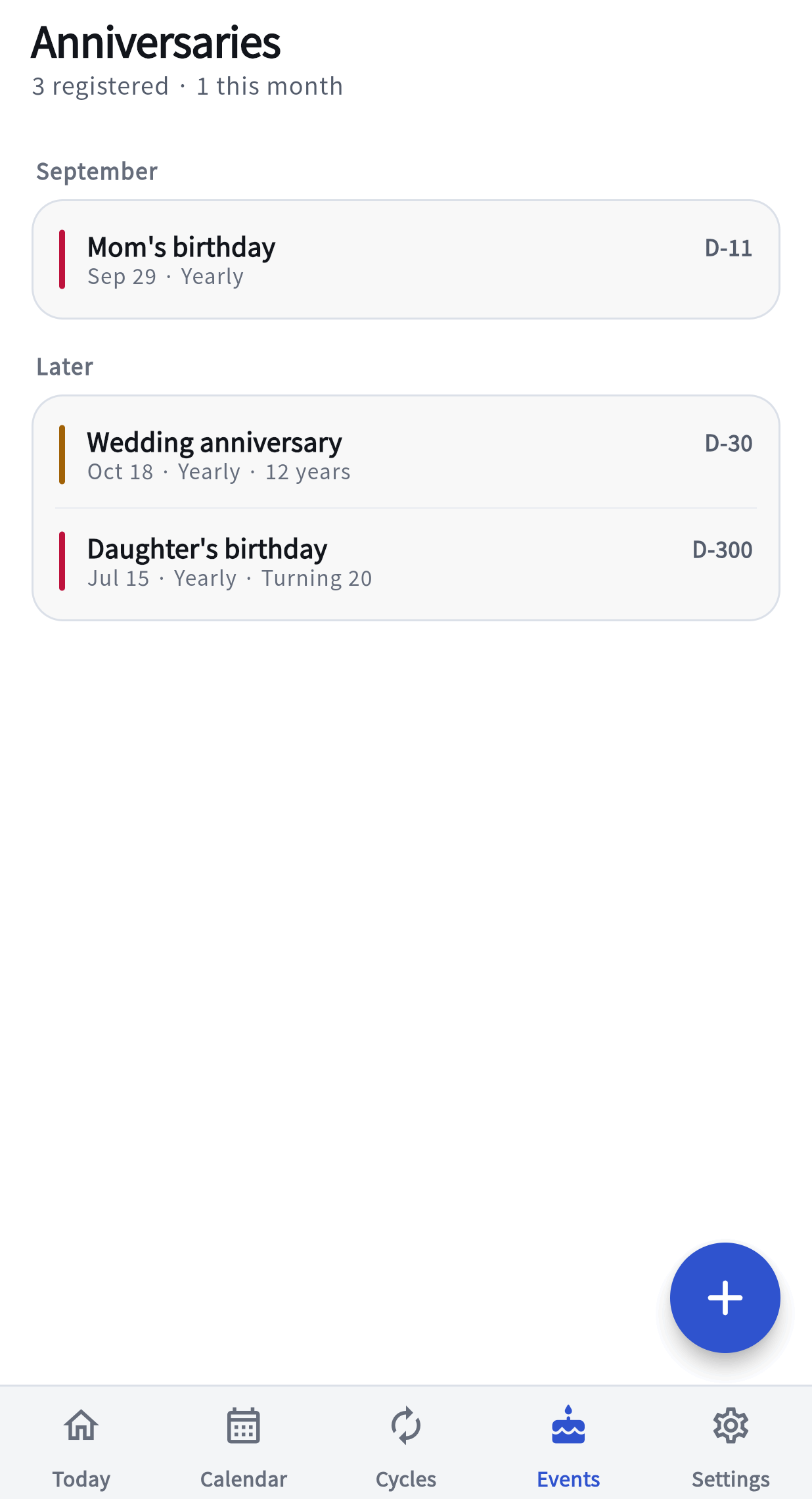 The Events tab: birthdays and anniversaries grouped by this month and Later, each with a D-day counter.