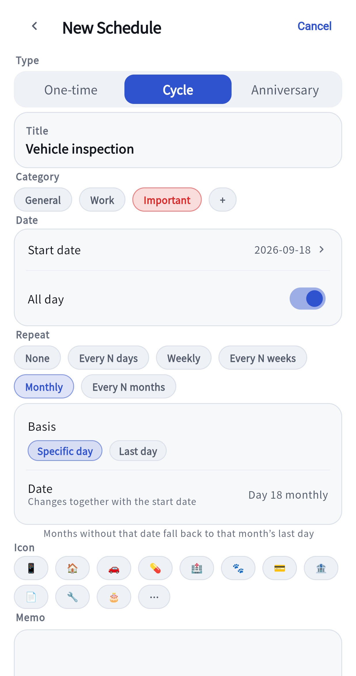 The new-schedule form opened as a Cycle: the title field, the General / Work / Important pills with a + at the end, the start date and All day rows, and the repeat buttons with Monthly selected.
