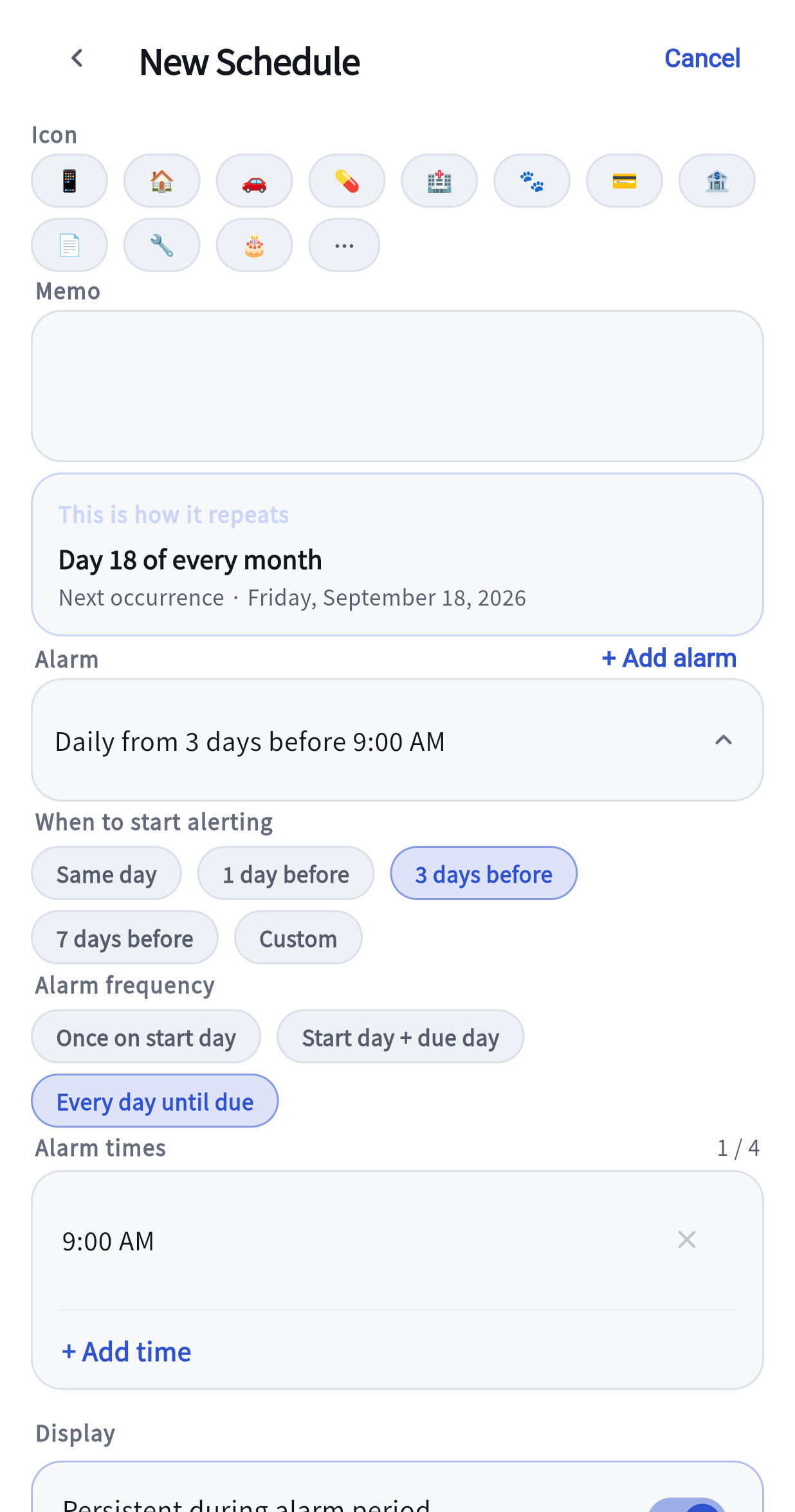 The alarm settings screen: lead-time buttons, alarm frequency, the list of alarm times, the display switches, and a fire schedule preview listing the exact dates and times the alarm will go off.