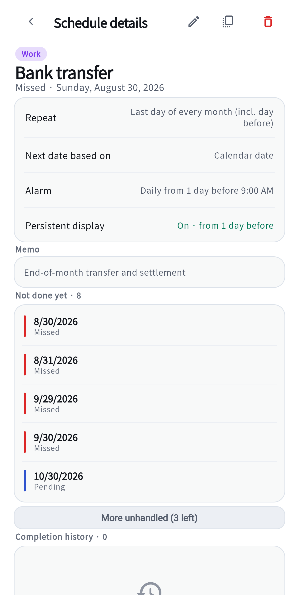 A schedule's detail screen: its repeat rule and next occurrence at the top, and the completion history listed underneath.