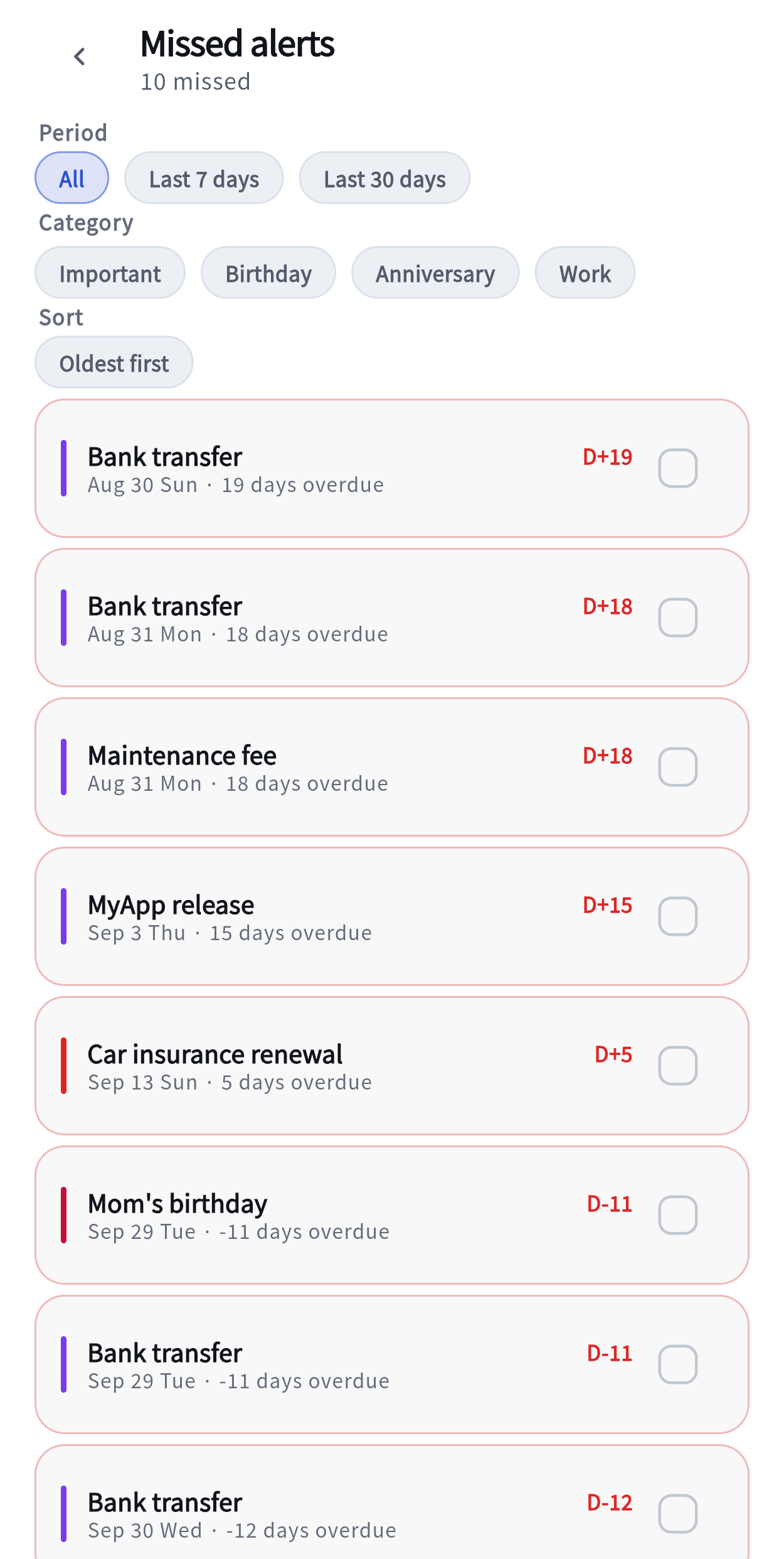 The missed alerts list: period and category filter pills at the top, then overdue schedules each carrying a Skip and a Complete button.
