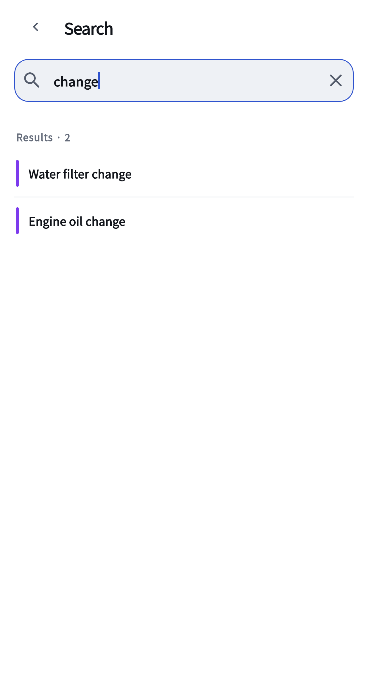 The search screen: a search field at the top with part of a word typed into it, and the schedules whose titles match listed below.