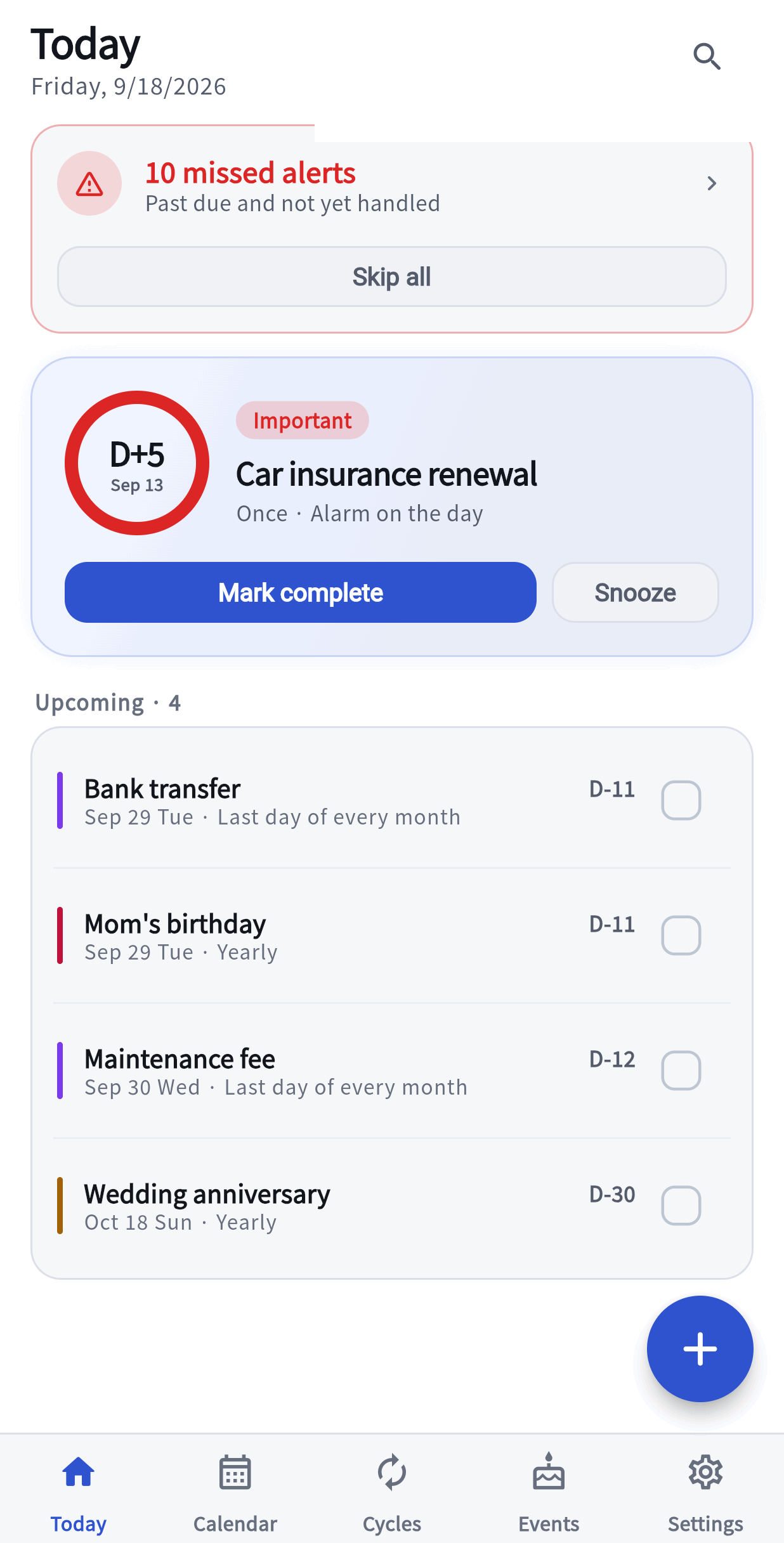 The persistent alert sitting in the notification shade — Alarminder, Ongoing, four schedules in progress, most urgent Bank transfer today, with an Open app button — above the Today screen it belongs to.