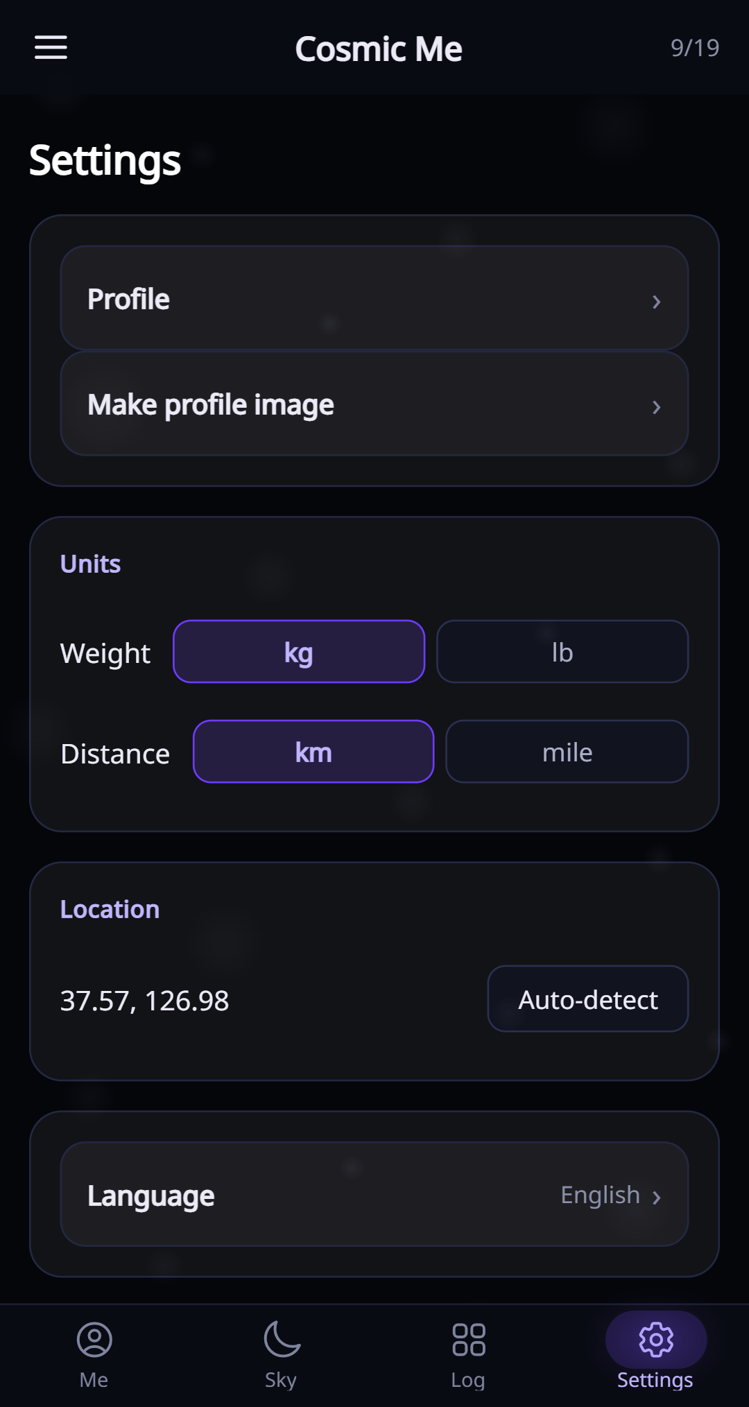 Units, language and location in the current English app