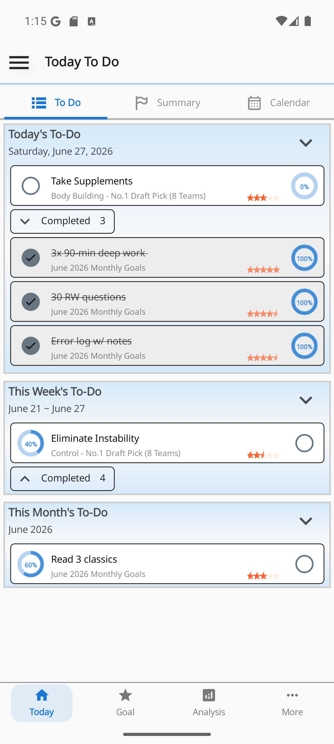 Today's tasks screen
