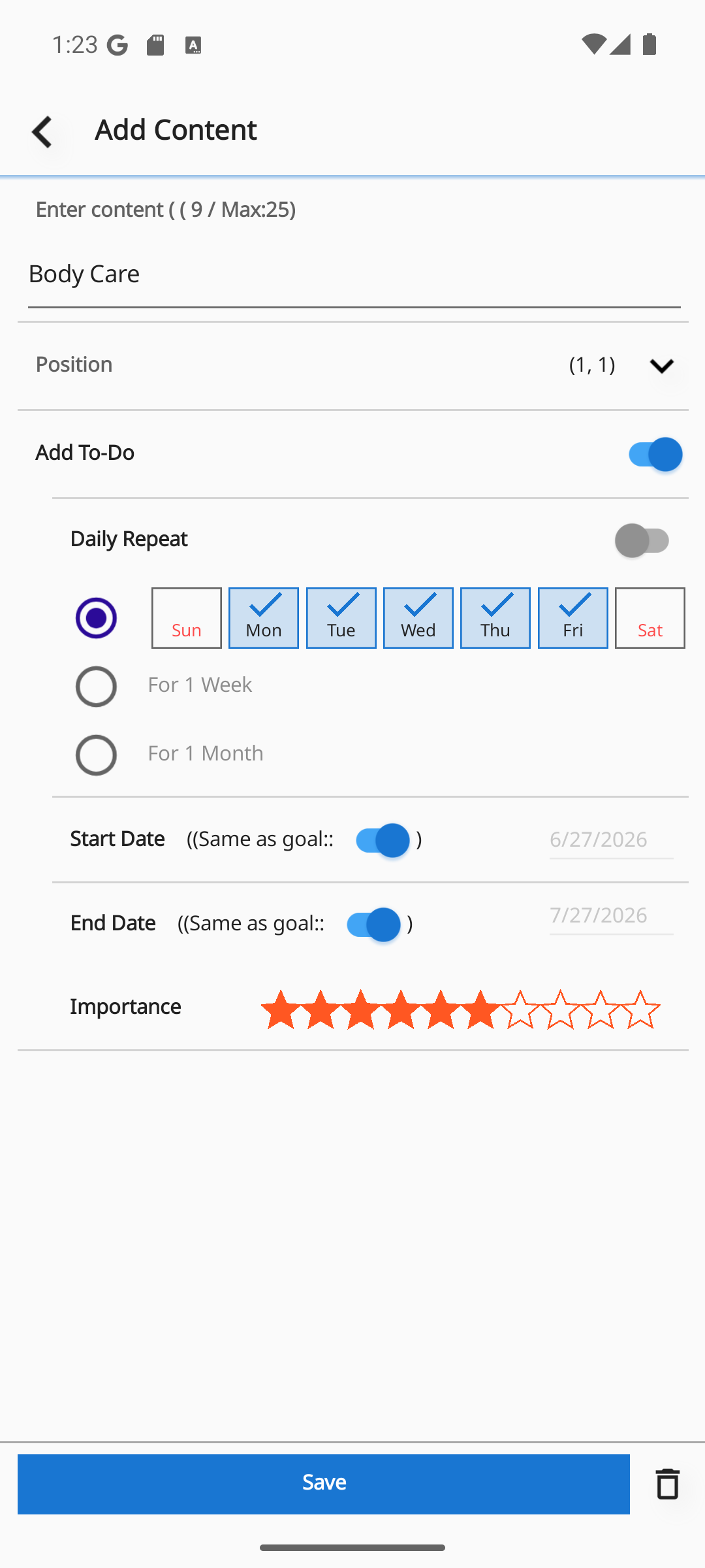 Adding a task · choosing a repeat