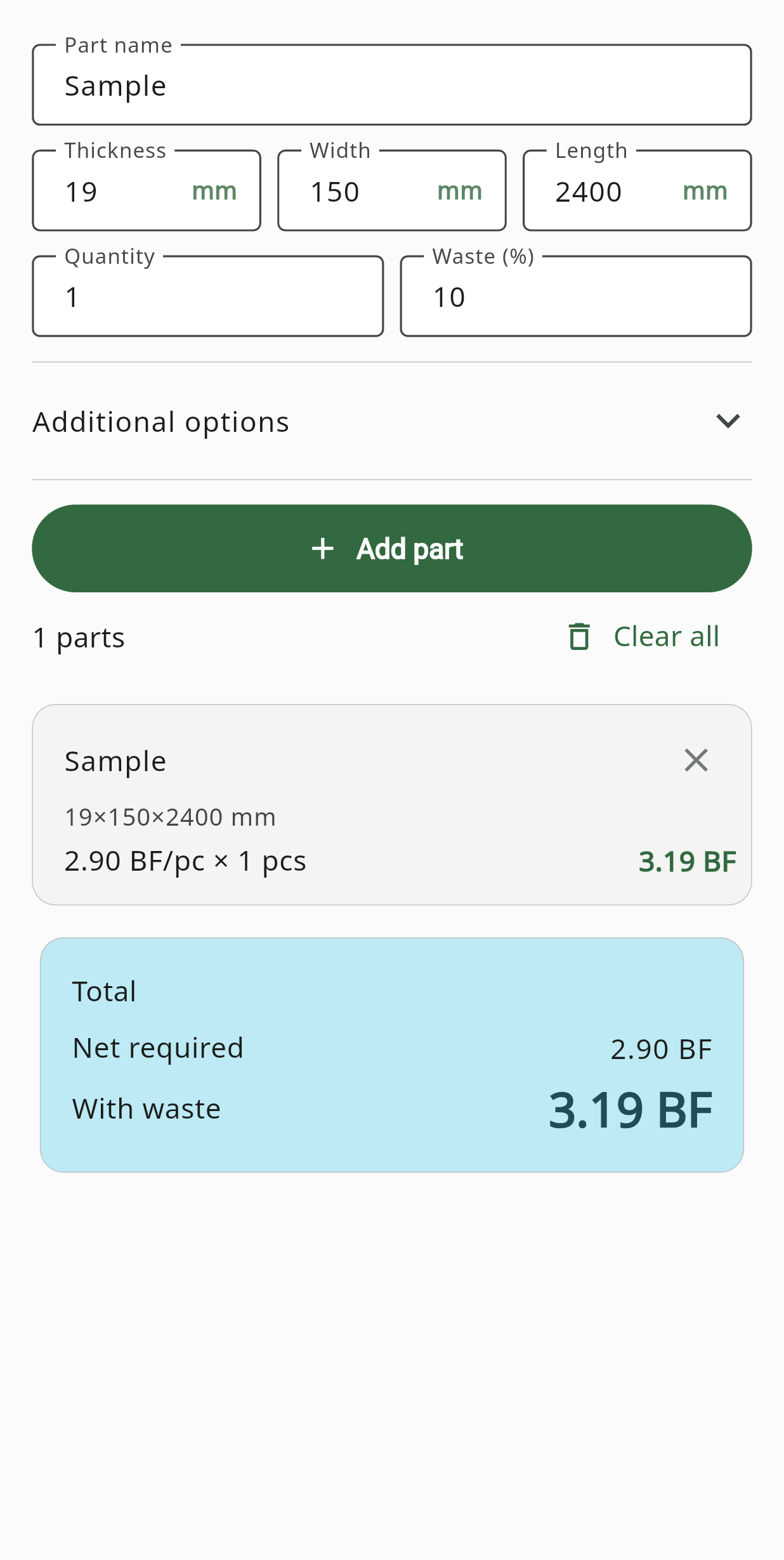 Material Estimate screen
