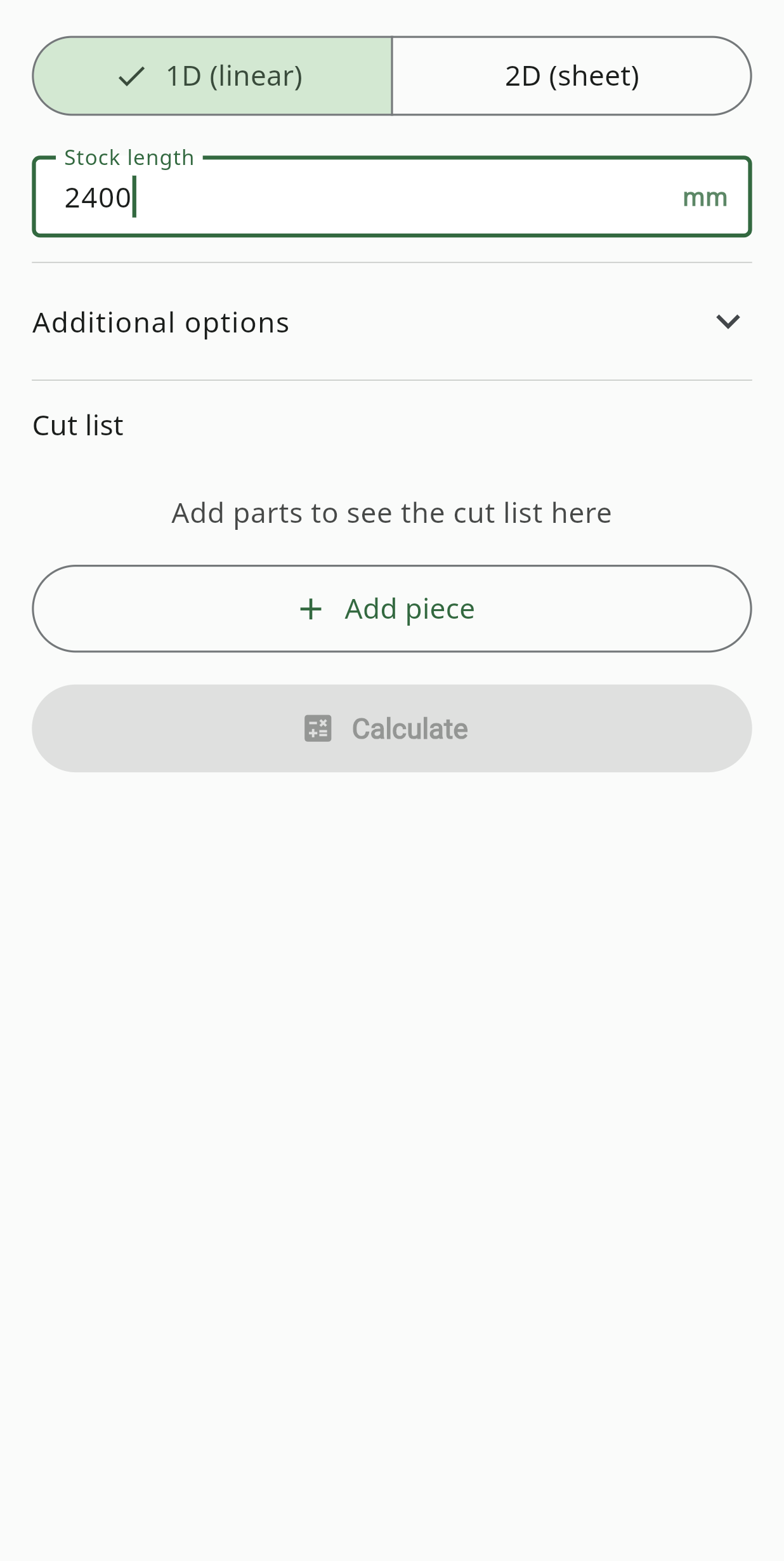 Cut List Optimizer screen
