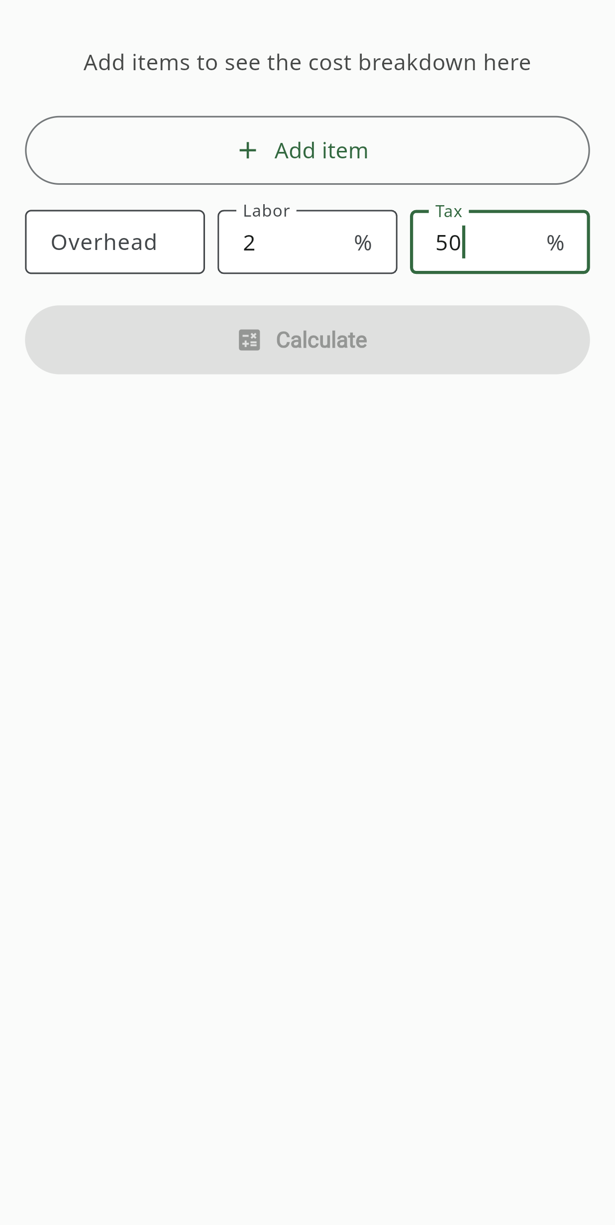 Project Cost screen