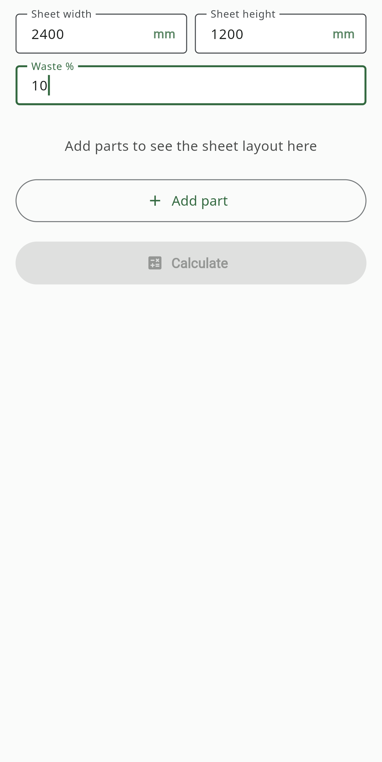 Sheet Goods screen