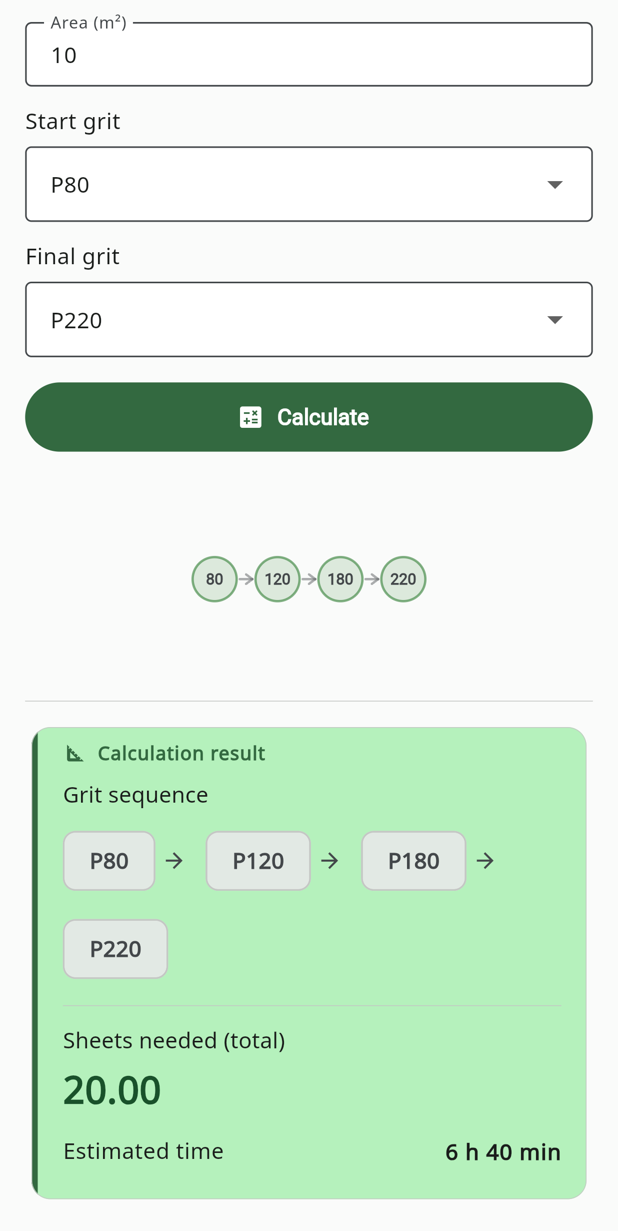 Sanding Schedule screen