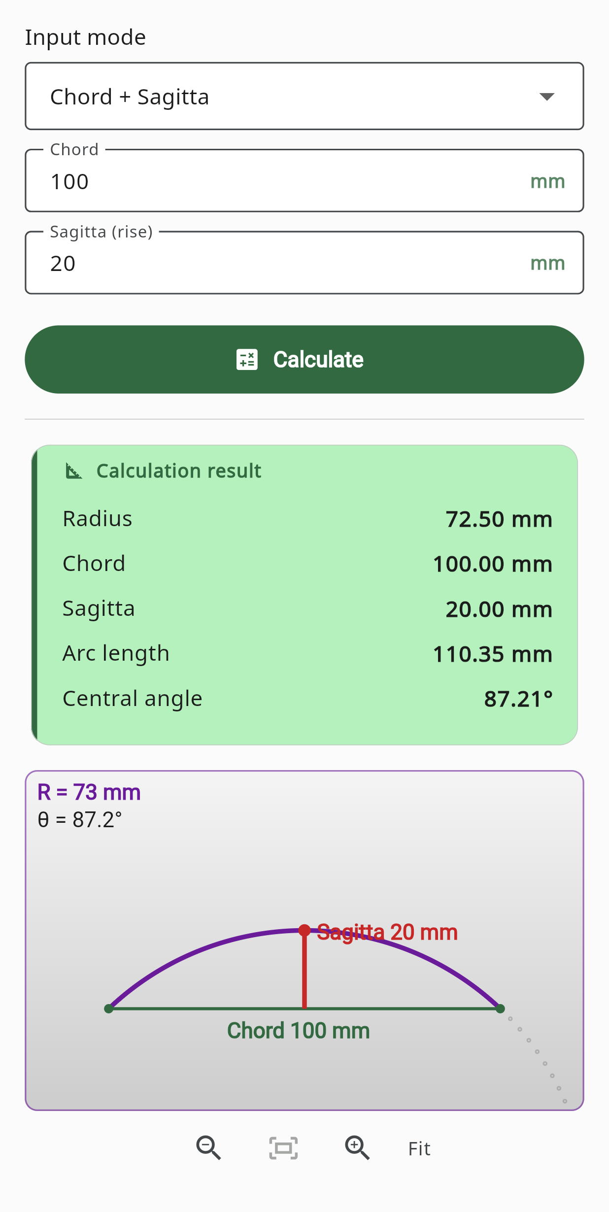 Arc / Radius / Chord screen