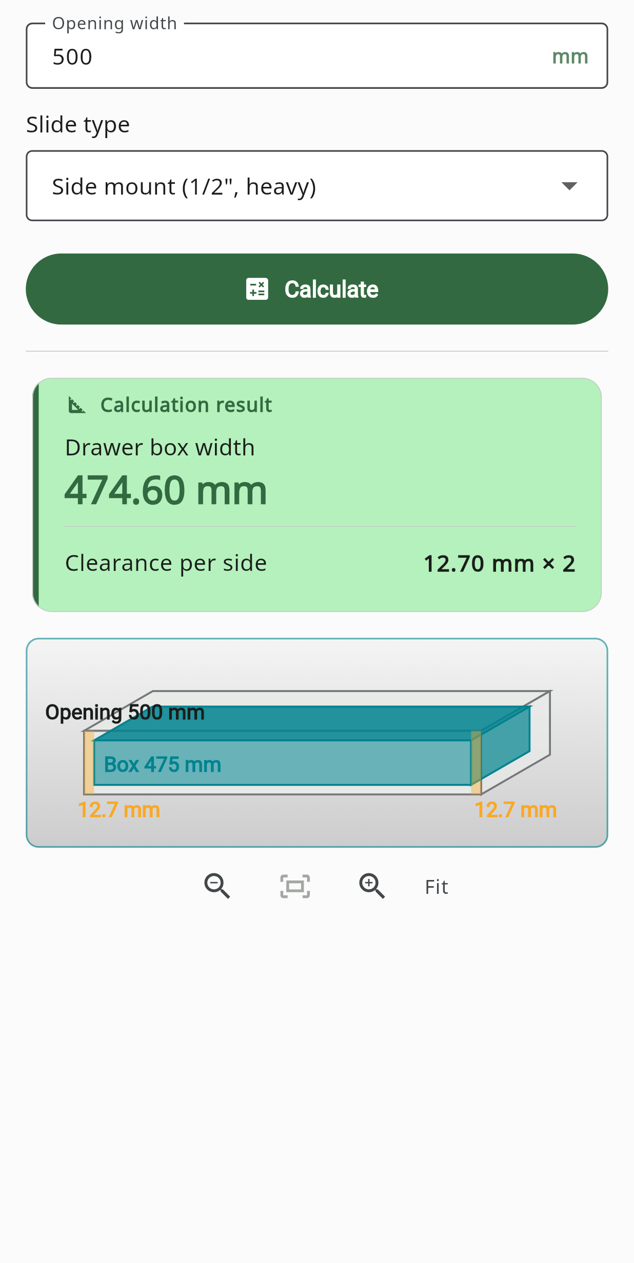 Drawer Slide Clearance screen