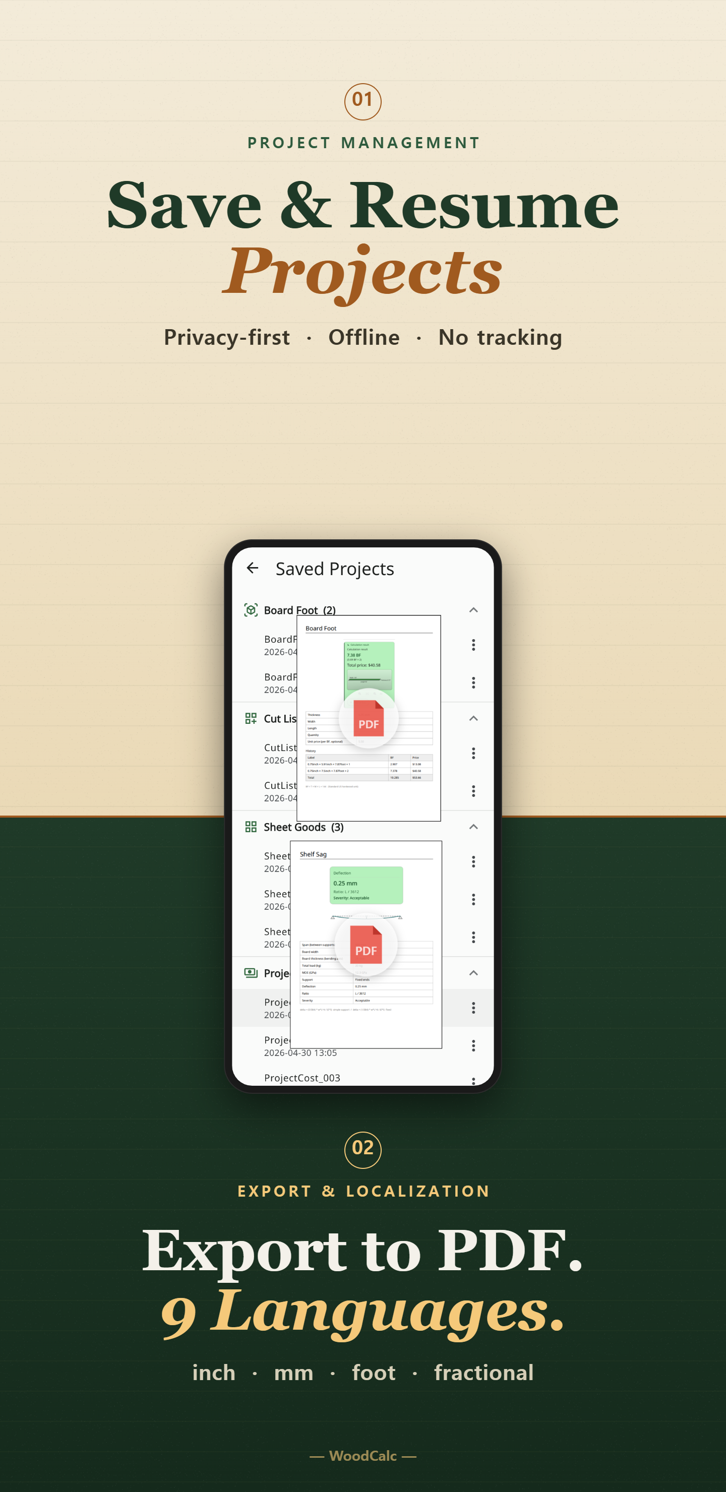 WoodCalc projects and PDF export